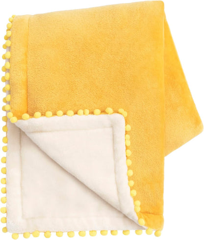 MONDAY MOOSE Cozy Fleece Throw Blanket with Pom Pom Fringe, Super Soft Blanket, Double-Sided Designs, for Couch Bed Sofa Home Decor (50x60 inch, Yellow/Beige)
