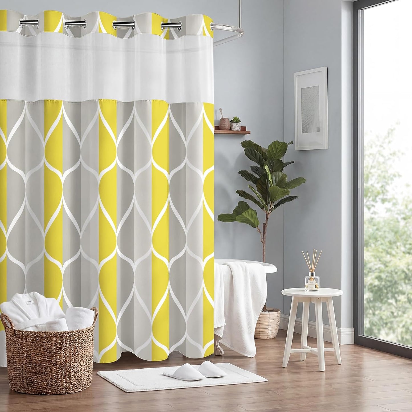 Yiatn Gray Yellow No Hook Shower Curtain with Liner Attached - Hotel Style with See Through Mesh Top Window, Modern Geometric Waterdrop Design,Waterproof and Washable, 71x74 INCH