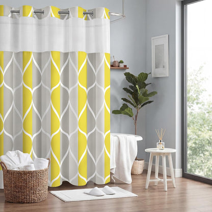 Yiatn Gray Yellow No Hook Shower Curtain with Liner Attached - Hotel Style with See Through Mesh Top Window, Modern Geometric Waterdrop Design,Waterproof and Washable, 71x74 INCH