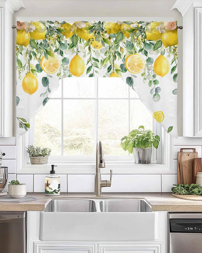 Yellow Lemon Swag Valances for Windows, Summer Fruit Swag Curtains for Kitchen, Living Room, Green Eucalyptus Leaf Flower Small Window Treatments Drapes Curtains for Cafe, Bathroom, Bedroom, 56"x36"