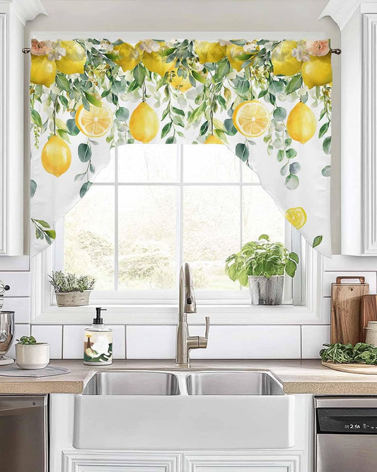 Yellow Lemon Swag Valances for Windows, Summer Fruit Swag Curtains for Kitchen, Living Room, Green Eucalyptus Leaf Flower Small Window Treatments Drapes Curtains for Cafe, Bathroom, Bedroom, 56"x36"