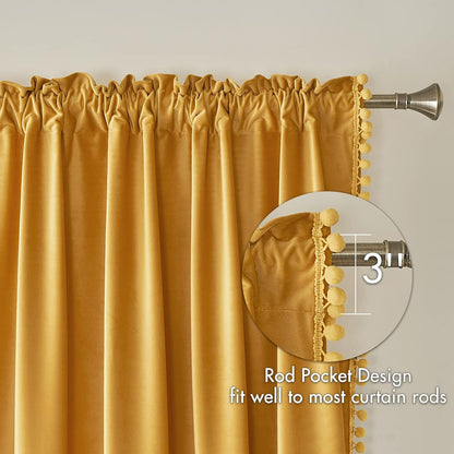 MIULEE Mustard Yellow Pom Pom Velvet Curtains for Fall Bedroom/Living Room Darkening Thermal Insulating 96 Inches Long Blackout Curtains with Rod Pocket for Bedroom/Home Theater Set of 2