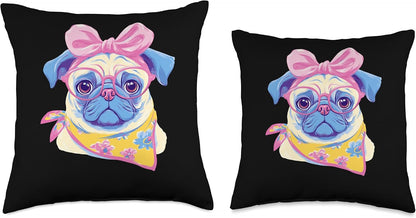 Cute Pug Portrait Dog Lover Graphic Pink Glasses Bow Yellow Throw Pillow