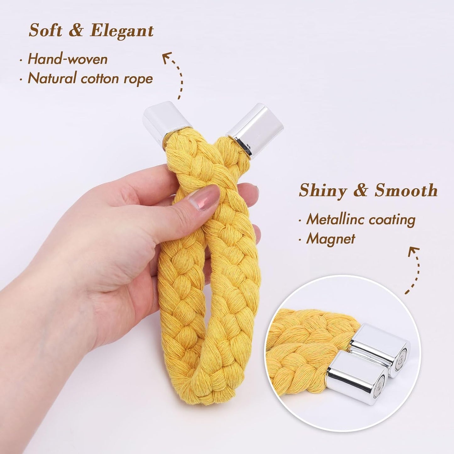 NICEEC 2 Pack Twisted Braid Rope Magnetic Curtain Tiebacks Elegant Hand-Woven Style Drape Tie Backs Soft Natural Cotton Rope Curtain Holdbacks for Home & Office Window Draperies (Yellow)