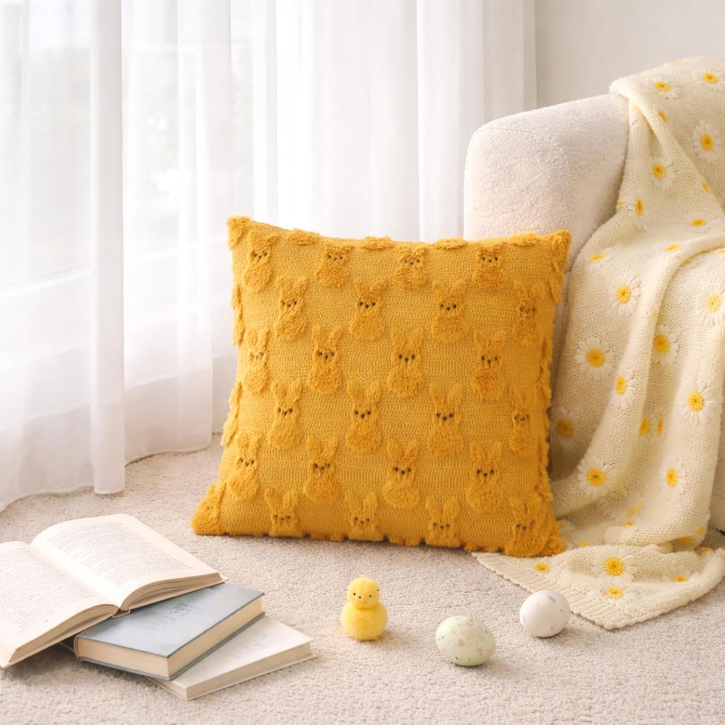 Yuubin Easter Bunny Pillow Covers 18x18 Set of 2,Rabbit Soft Plush Faux Fur Yellow Spring Throw Pillow Cases for Home Decorations Sofa Bedroom Living Room Couch Bed Decor