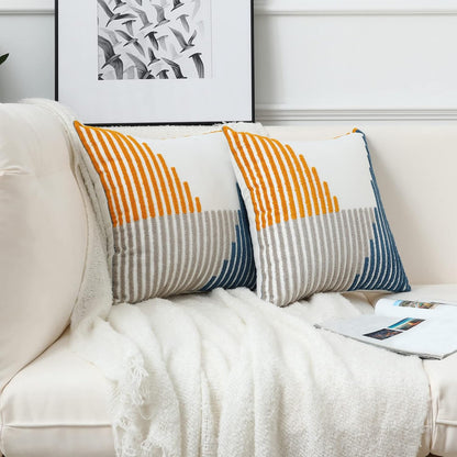 Boho Throw Pillow Covers 18x18 Pack of 2 Modern Striped Patchwork Farmhouse Pillow Covers Decorative for Couch Sofa Bed Outdoor Yellow and Blue Throw Pillow Covers