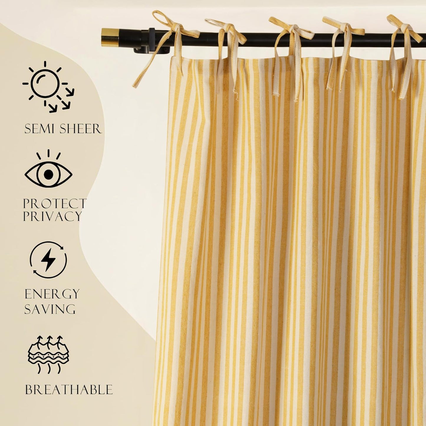 THE ART BOX Gauze Striped Curtains,Boho Linen Tie Top Hanging Curtains Light Filtering Door Window Treatment 2 Panel Curtain Drapes for Living Room Bedroom Yellow Stripes (72''x42'' Each Panel)