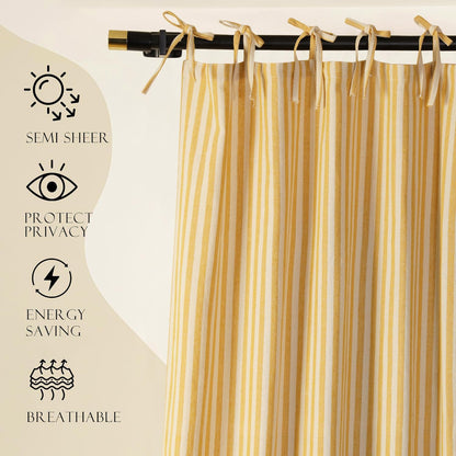 THE ART BOX Gauze Striped Curtains,Boho Linen Tie Top Hanging Curtains Light Filtering Door Window Treatment 2 Panel Curtain Drapes for Living Room Bedroom Yellow Stripes (72''x42'' Each Panel)