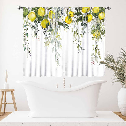 Yellow Lemon Kitchen Window Curtains,Eucalyptus Botanical Leaves Herb Plant Floral Fruit Rural Farmhouse Spring Summer Bedroom Living Room Bathroom 2 Panels,55X39 Inch