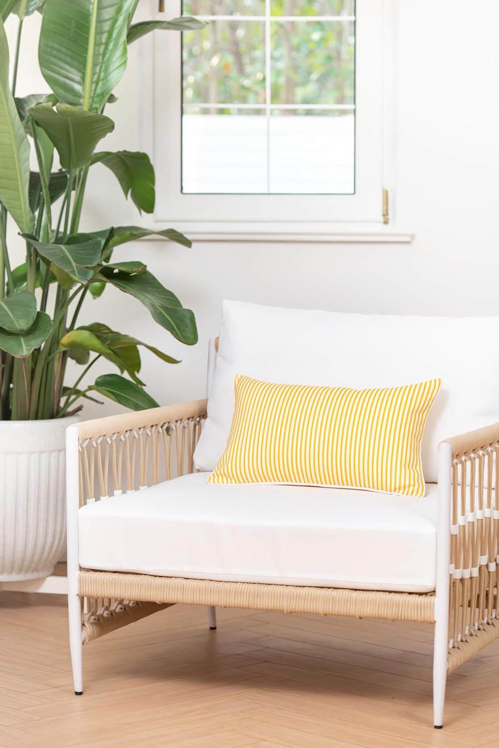 Hofdeco Premium Coastal Patio Indoor Outdoor Lumbar Pillow Cover Only, 12"x20" Water Resistant for Backyard, Couch, Yellow Stripe