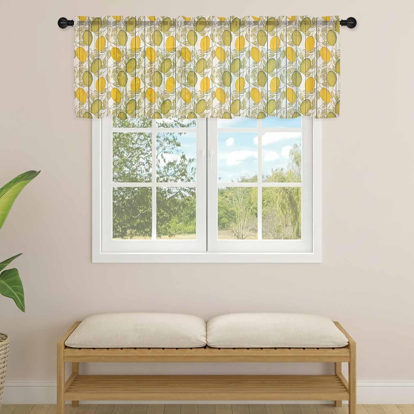 Sheer Window Valance Lemon Leaves Semi Voile Short Curtain Rod Pocket Flower Floral Bouquet Wood Grain Valances Window Treatment for Bedroom Living Room Kitchen 54x18in