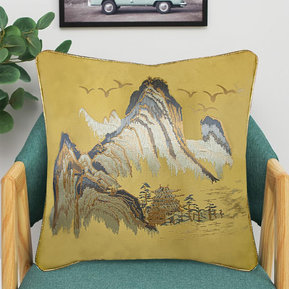 ELANE Ruffle Embroidered Decorative Pillow Covers, Floral Designs 18x18 Inch for Couch, Sofa, Bed (Yellow Landscapes)