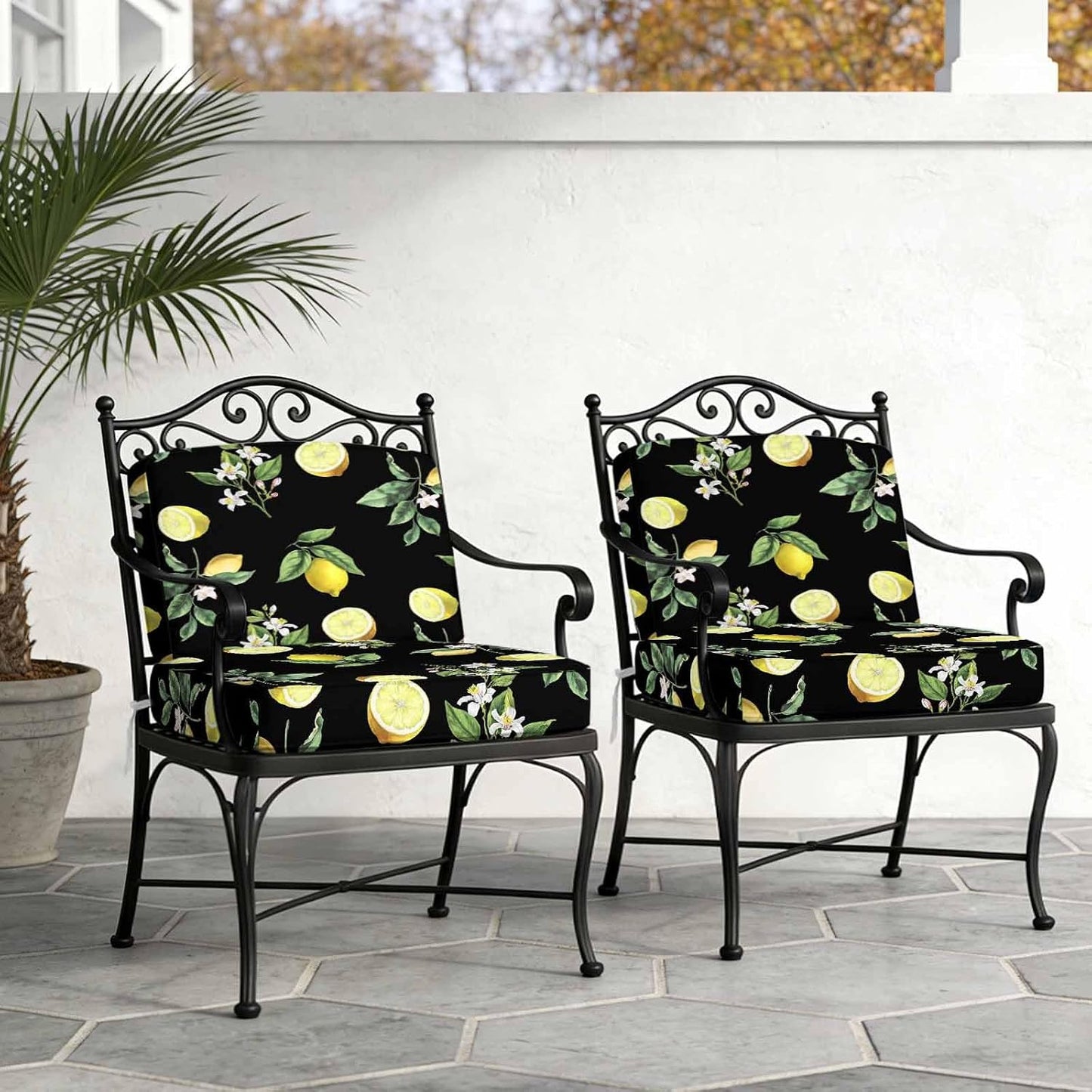 Yellow Lemon Summer Indoor/Outdoor Seat Cushions Cover, Farmhouse Tropical Fruit Black Waterproof Patio Chaise Lounge Cushion Cover for Beach Pool Side Chair Cushions 20''x18''x2pcs