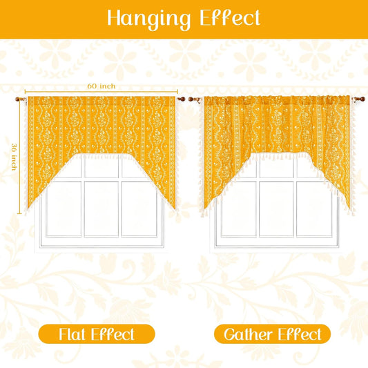 Yinhua Boho Swag Valance Curtains Vintage Linen Valances for Windows Light Filtering Floral Kitchen Valance Rod Pocket Farmhouse Rustic Tassel Window Valances for Bathroom Cafe, 60" W x 36" L, Yellow