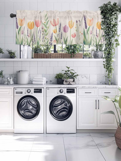 Spring Floral Valances for Windows, Pink Yellow Tulip Kitchen Curtains Window Treatment Decor, Summer Botanical Flowers Rod Pocket Short Window Valances for Living Room/Bedroom, 54" x 18"