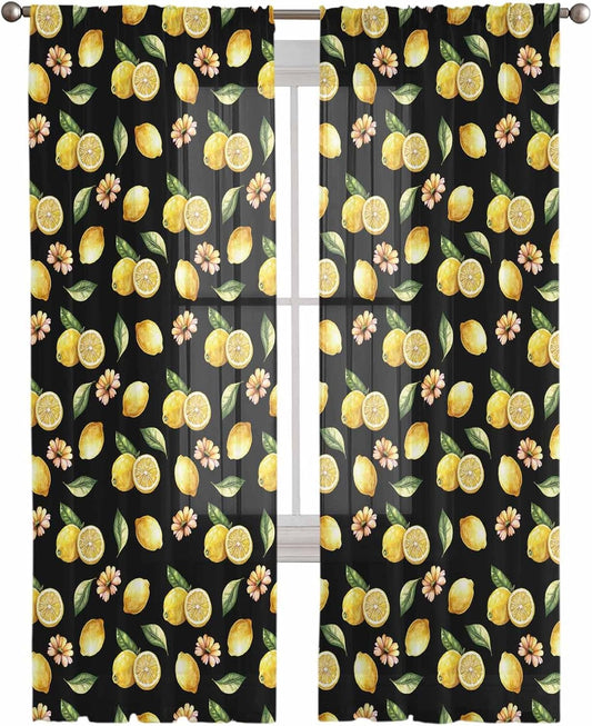 Curtains Sheer Valance Window 2 Panels Set, Summer Yellow Lemon Watercolor Idyllic Drapes, Rod Pocket Curtain Draperies Decor for Kitchen Bedroom Living Room Drapes, 52" Wx96 L