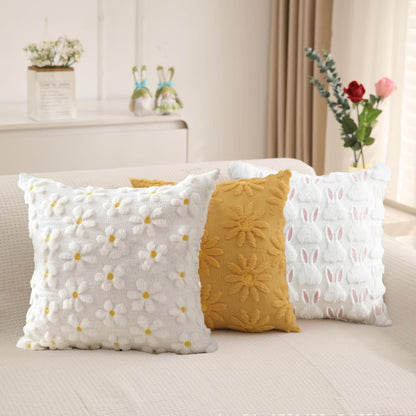 Farmhouse Throw Pillow Cover Yellow White Daisy - 18 x 18 Inch Plush Faux Fur Jacquard Cushion Cover - Set of 2 Artificial fur Embroidery Flower Cushion Case for Livingroom Bed Couch Decor