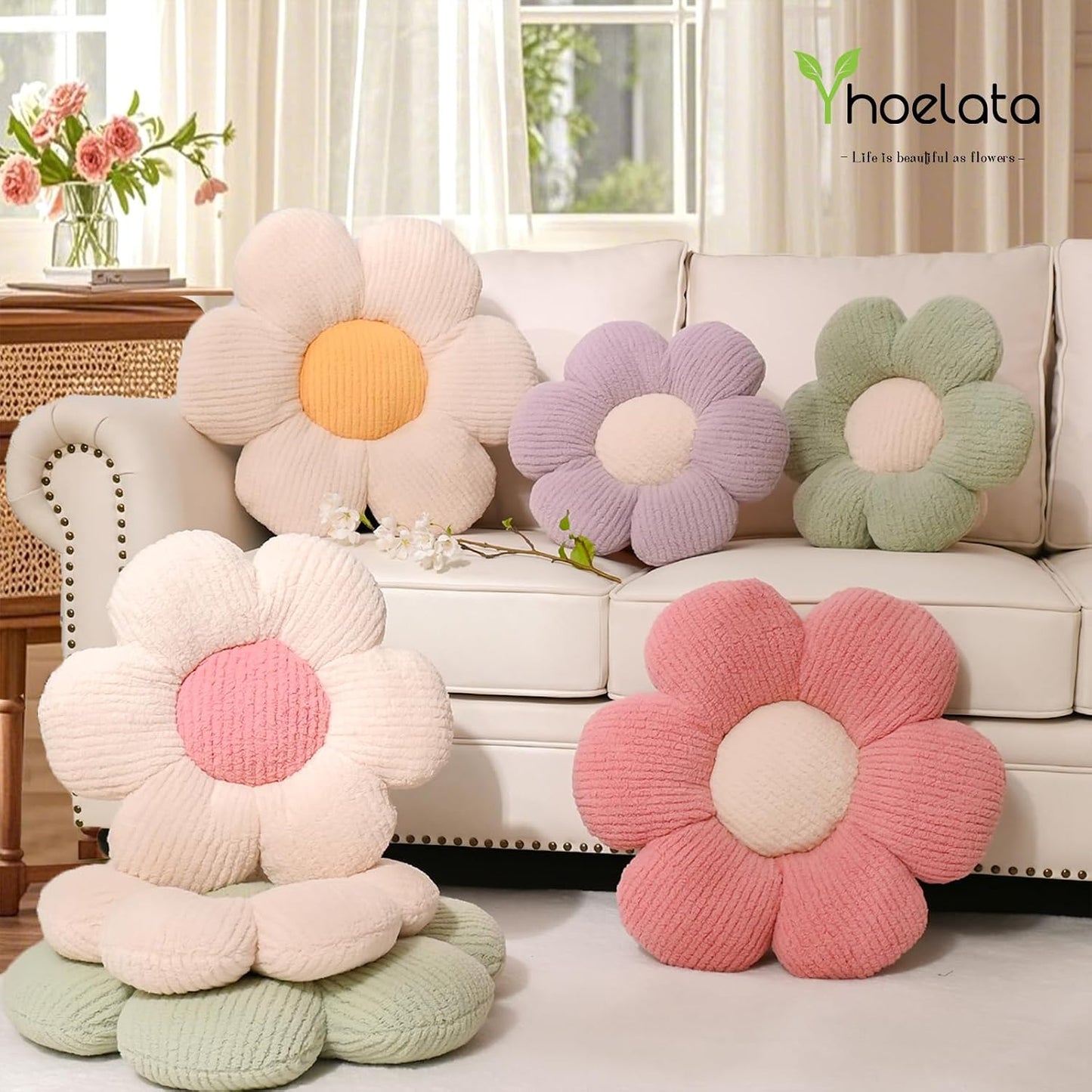 Flower Pillows, Cute Daisy Shaped Throw Pillow, Small Cream Yellow Floor Cushions for Gifts, Kids Decorative Pillows for Living Room Sofa Bedroom Bed, 15.7x15.7 Inch