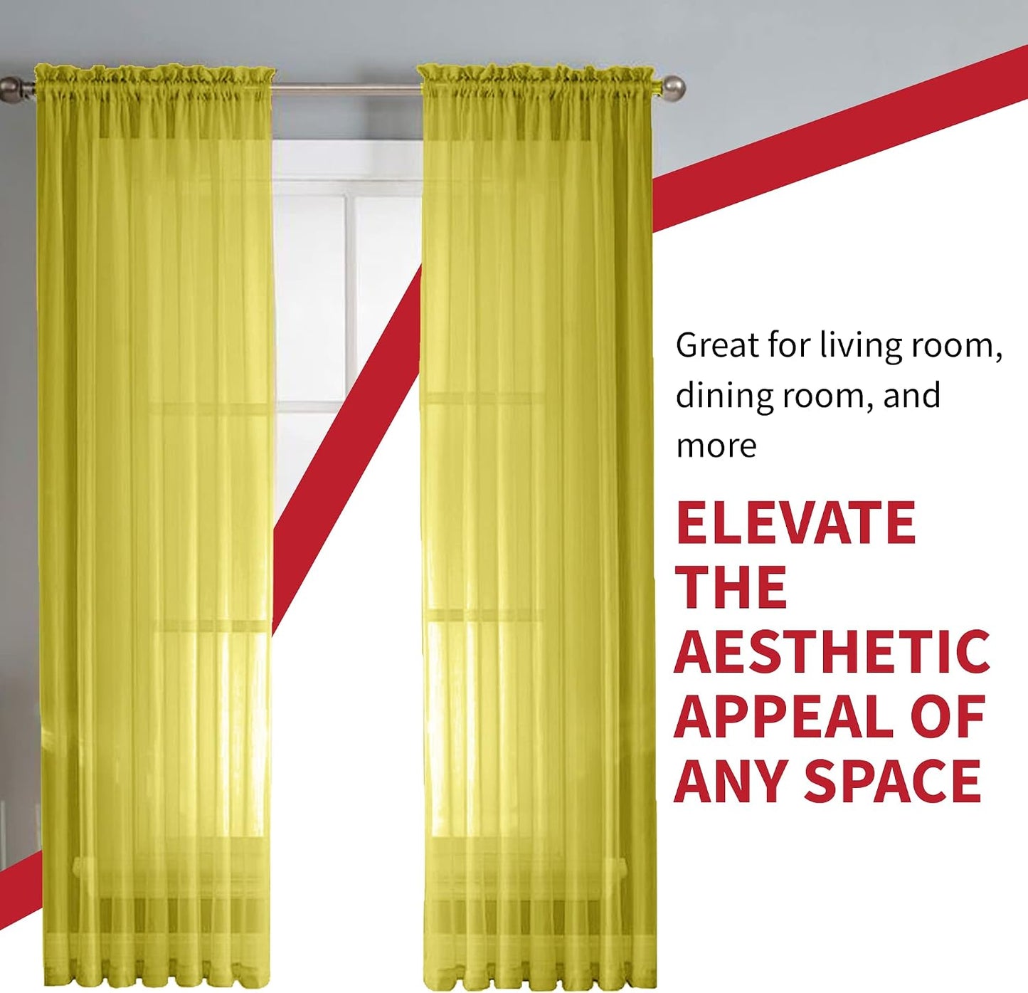 Sapphire Home Yellow Sheer Curtains - 84 Inches Length, 2 Panels Set Sheer Drapes, Light Filtering Textured Window Curtain for Living Room, Bedroom, Kitchen, and Dining Room - 54"x84", Yellow