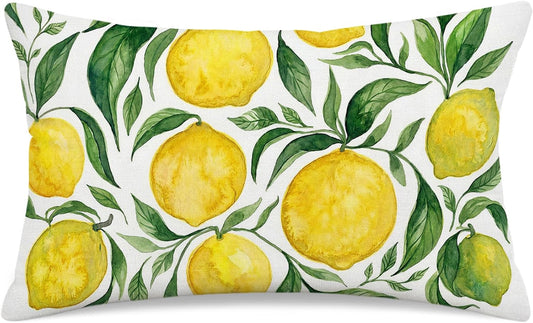 Yellow Lemon Lumbar Pillow Cover 12x20 Inch, Double-Sided Watercolor Citrus Fruit with Green Leaf Cushion Cover, Summer Farmhouse Decorative Throw Pillow Case for Sofa Couch Home Decor