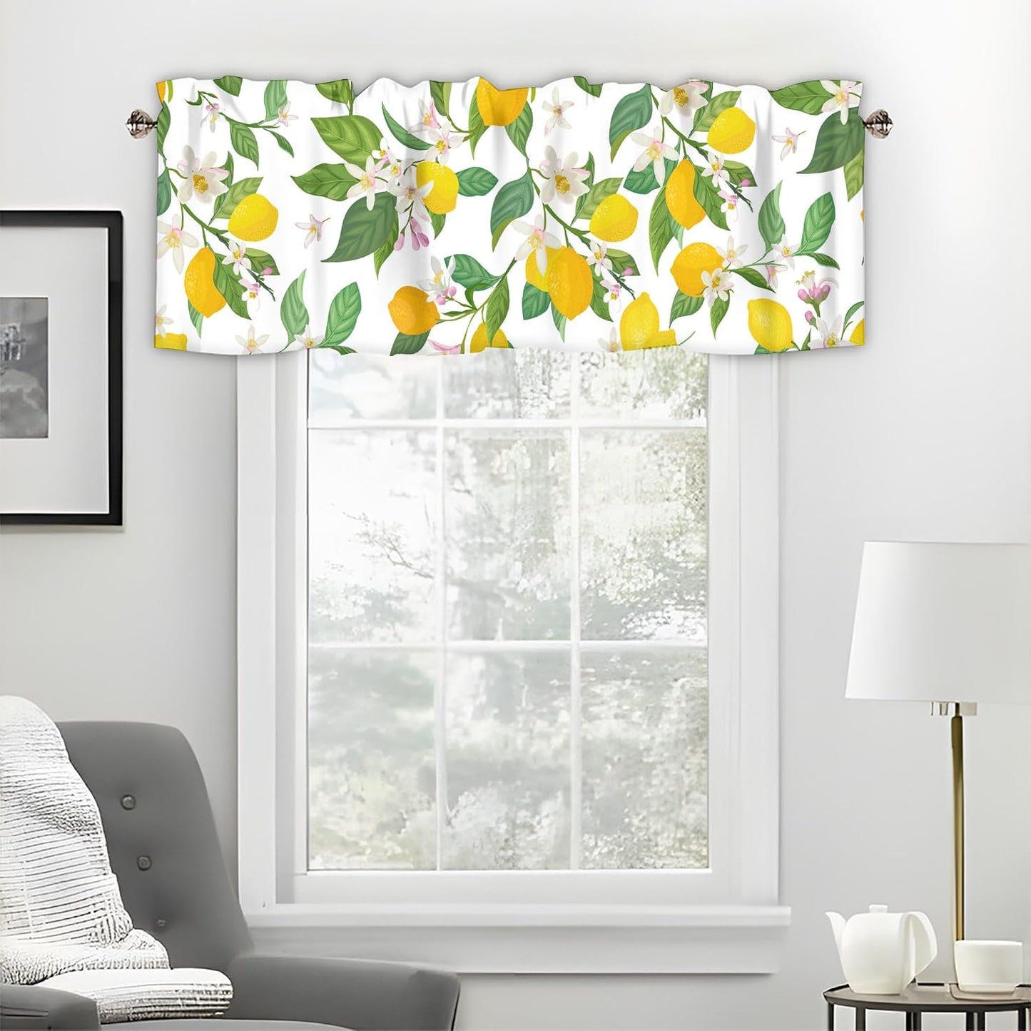 Floral Lemon Curtain Valances for Windows, Kitchen Valance Rod Pocket Window Treatments Short Curtains for Bathroom Bedroom Living Room Farmhouse Decor 42x12 Inch,1 Panel