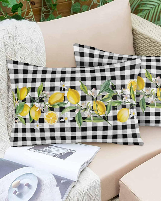 Waterproof Throw Pillow Covers Set of 2, 20x12 Inch Watercolor Black and White Buffalo Check Lemon Pattern Decorative Pillowcases Outdoor Cushion Covers Set for Couch Tent