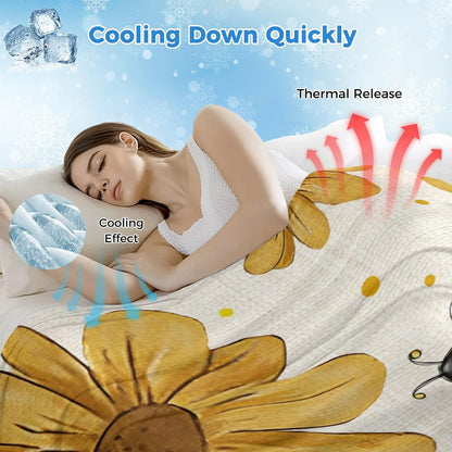 Cooling Blanket for Hot Sleepers, Yellow Daisy Farmhouse Lightweight Breathable Summer Blanket, Garden Floral Honeybees Burlap Double-Side Cool Throw Blankets for Sleeping Travel, 50"x60"