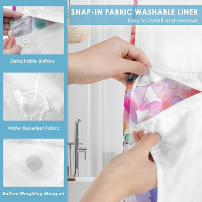 No Hook Pink Teal Blue Yellow Shower Curtain with Snap in Fabric Liner Set, Polka Dot Colorful Double Layers Waterproof Fabric with See Through Top Window Open Grommet Bath Curtain 71x74 Inch