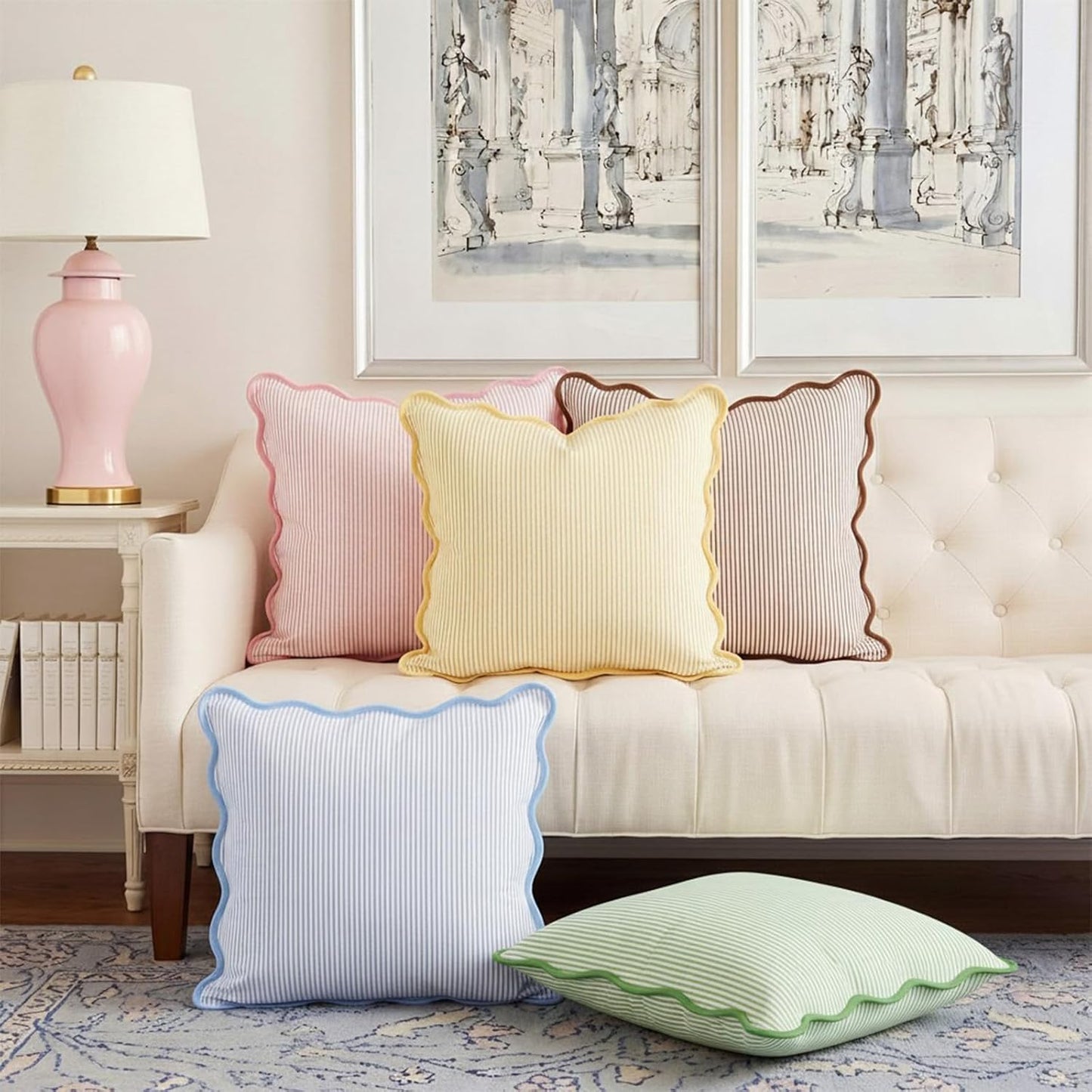 HunnmingRe 2 Pcs Scalloped Edge Striped Pillowcases Stripe Throw Pillow Cover Only Wear Resistant Pillow Shams for Couch Bed Sofa Bedroom Living Room Outdoor Party(Yellow,18'' X 18'')
