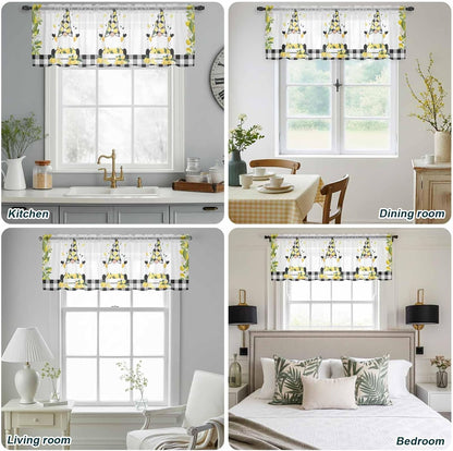 Lemon Gnomes Sheer Curtains Valances for Windows Summer Botanical Yellow Fruit Black Lattice Chiffon Kitchen Valances for Cafe, Voile Window Treatments Curtains for Living Room Bedroom, 54"x18"