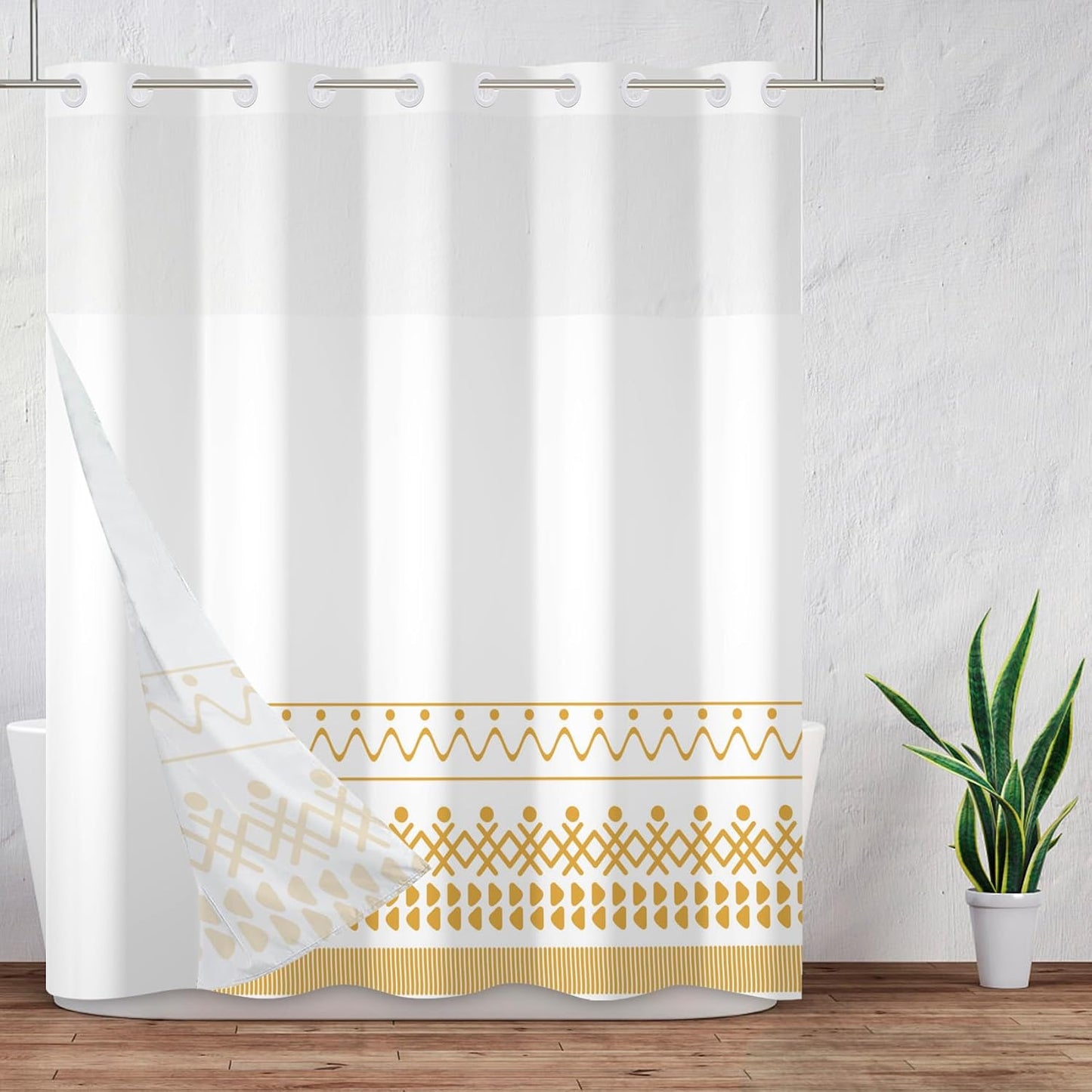 No Hook Yellow White Stripe Shower Curtain with Snap in Fabric Liner Set Abstract Minimalist Double Layer Bathtubs Hotel Curtain Set Waterproof Fabric with See Through Top Window 71x74 Inch