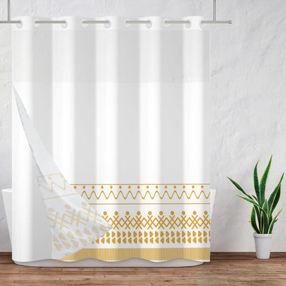 No Hook Yellow White Stripe Shower Curtain with Snap in Fabric Liner Set Abstract Minimalist Double Layer Bathtubs Hotel Curtain Set Waterproof Fabric with See Through Top Window 71x74 Inch