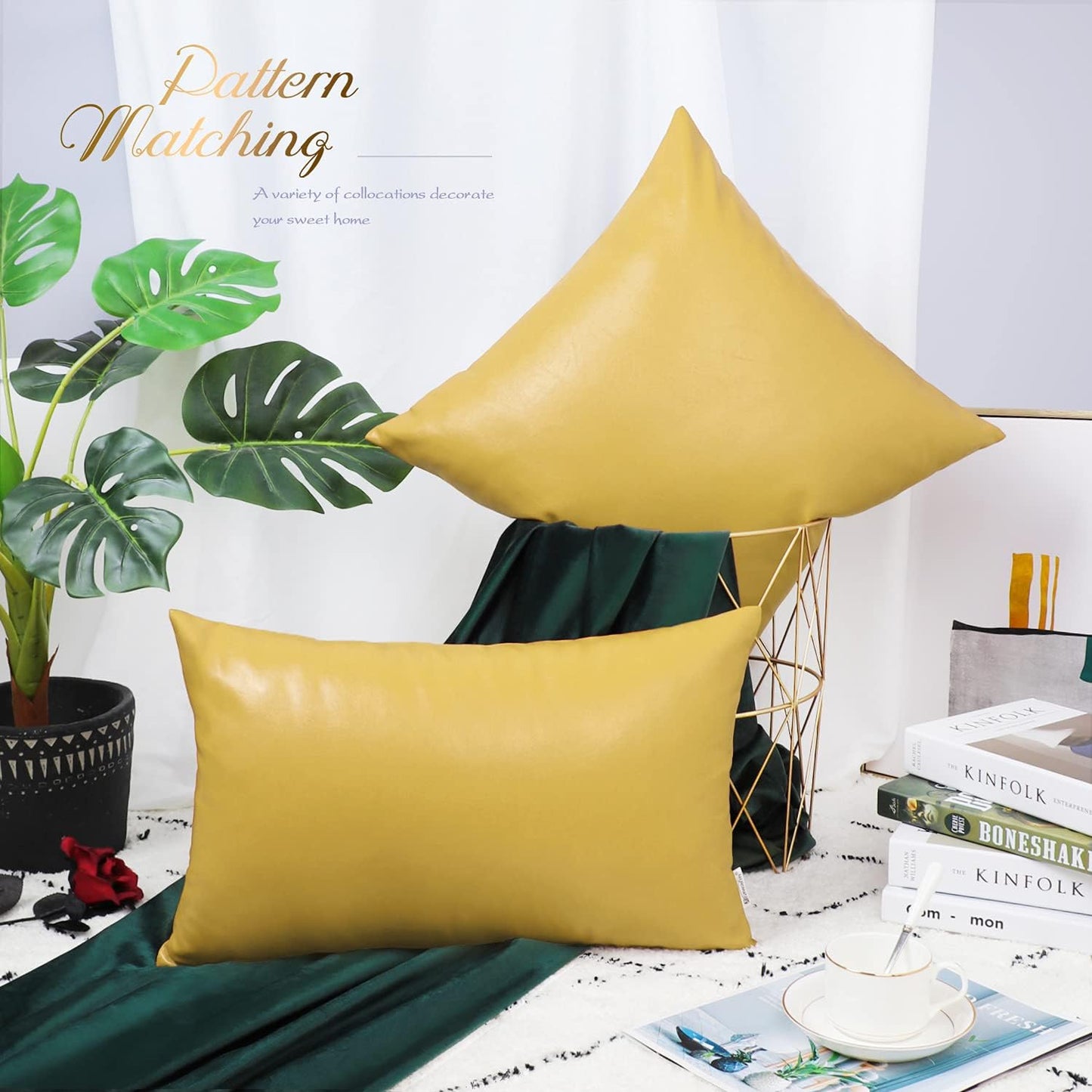 BRAWARM Faux Leather Throw Pillow Covers 18 X 18 Inches - Yellow Leather Pilow Covers Pack of 2, Solid Dyed Leather Pillowcases for Couch Bed Sofa Garden Home Decorative