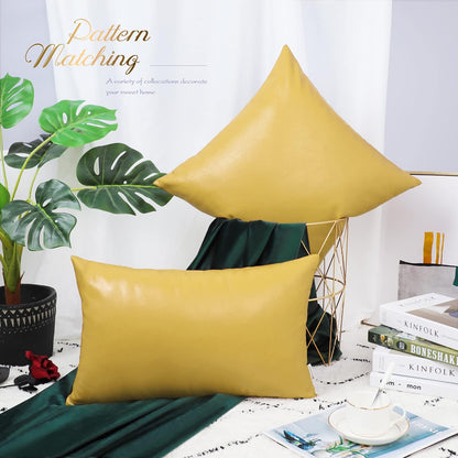 BRAWARM Faux Leather Throw Pillow Covers 18 X 18 Inches - Yellow Leather Pilow Covers Pack of 2, Solid Dyed Leather Pillowcases for Couch Bed Sofa Garden Home Decorative