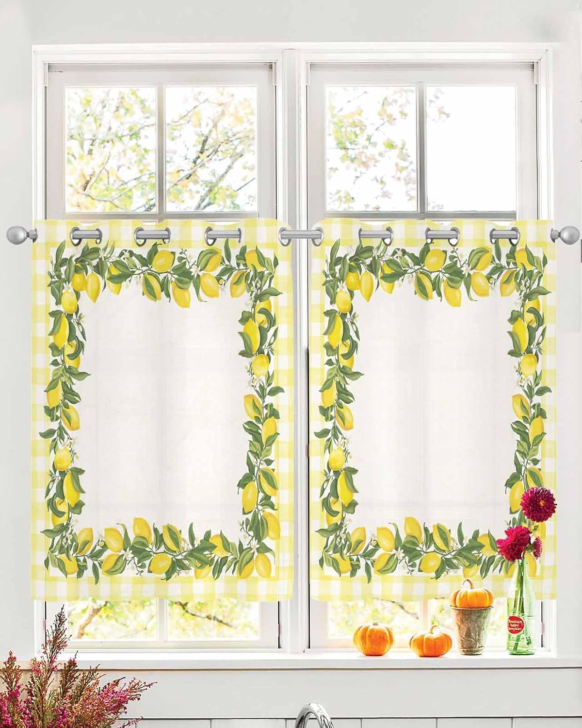 Sheer Curtains 52x54 Inch Length Summer Farmhouse Fruit Lemon Yellow Buffalo Plaid Semi Sheer Curtains Voile Grommet Drapes Chiffon Window Curtain for Living Room Bedroom Kitchen Nursery, 1 Panel