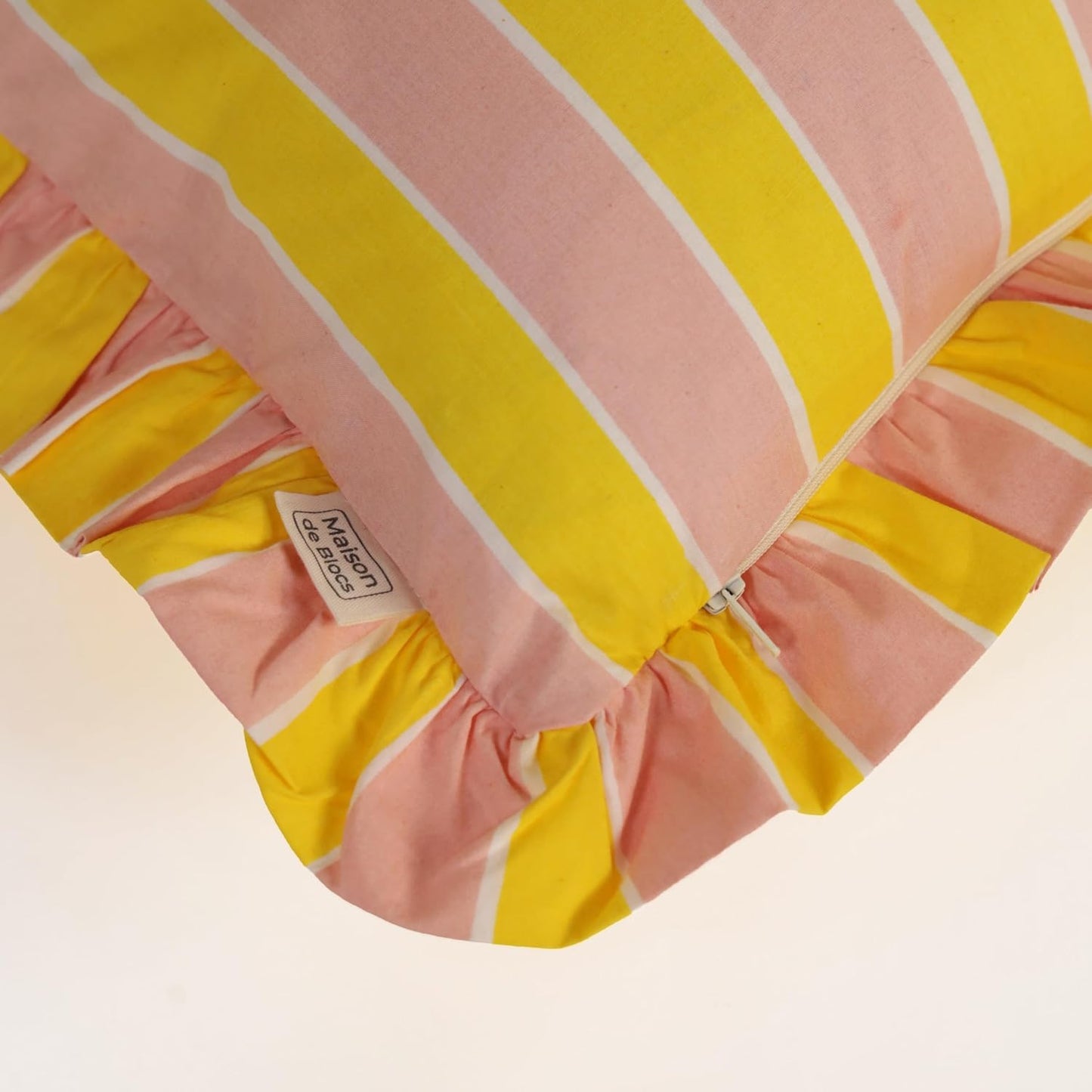 Hand Printed, Artisan-Made Neutral Accent Throw Cushion Cover- Thick Cotton Cushion for Sofa, Bed, Chair, Home Decor, Gifting, Spring Vibe, Boho- Stripe (2, Pink & Yellow, 20"X20")
