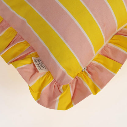 Hand Printed, Artisan-Made Neutral Accent Throw Cushion Cover- Thick Cotton Cushion for Sofa, Bed, Chair, Home Decor, Gifting, Spring Vibe, Boho- Stripe (2, Pink & Yellow, 20"X20")