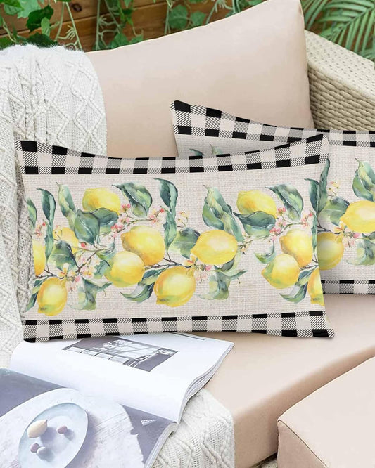 Waterproof Throw Pillow Covers Set of 2, 20x12 Inch Watercolor Lemon Fruit Pattern Retro Buffalo Plaid Check Decorative Pillowcases Outdoor Cushion Covers Set for Couch Tent
