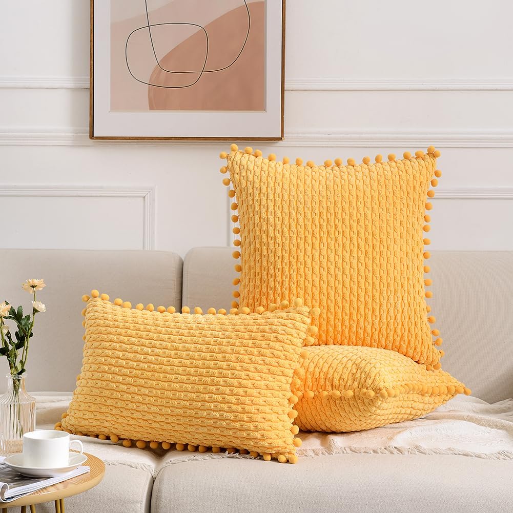 Fancy Homi Set of 2 Yellow Decorative Throw Pillow Covers 20x20 Inch with Pom-poms for Couch Bed Sofa, Modern Farmhouse Boho Spring Home Decor, Soft Plush Corduroy Cute Cushion Case 50x50 cm