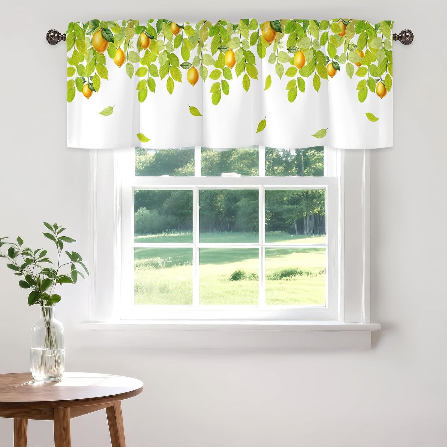 Green Leaves Lemon Valance for Windows,Window Treatment Curtains Rod Pocket Sheer Small Short Valance for Kitchen Bathroom Laundry Basement,42Wx12L inch,Watercolor Yellow