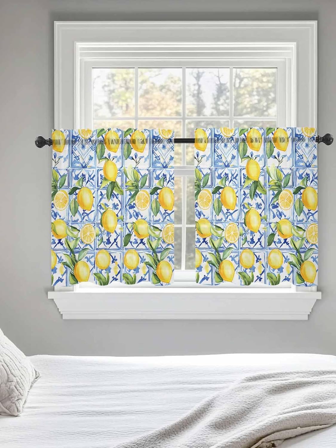 Yellow Lemon Sheer Tier Curtains 24 Inch Length, Botanical Spring Leaves Abstract Blue Tile Cafe Curtains Light Filtering, Sheer Voile Small Window Curtain 2 Panels, 27.5" x 24"