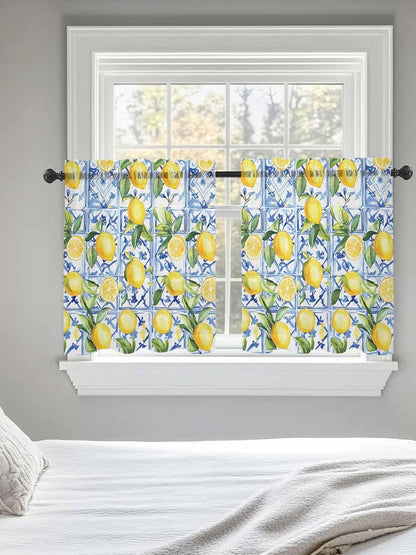 Yellow Lemon Sheer Tier Curtains 24 Inch Length, Botanical Spring Leaves Abstract Blue Tile Cafe Curtains Light Filtering, Sheer Voile Small Window Curtain 2 Panels, 27.5" x 24"