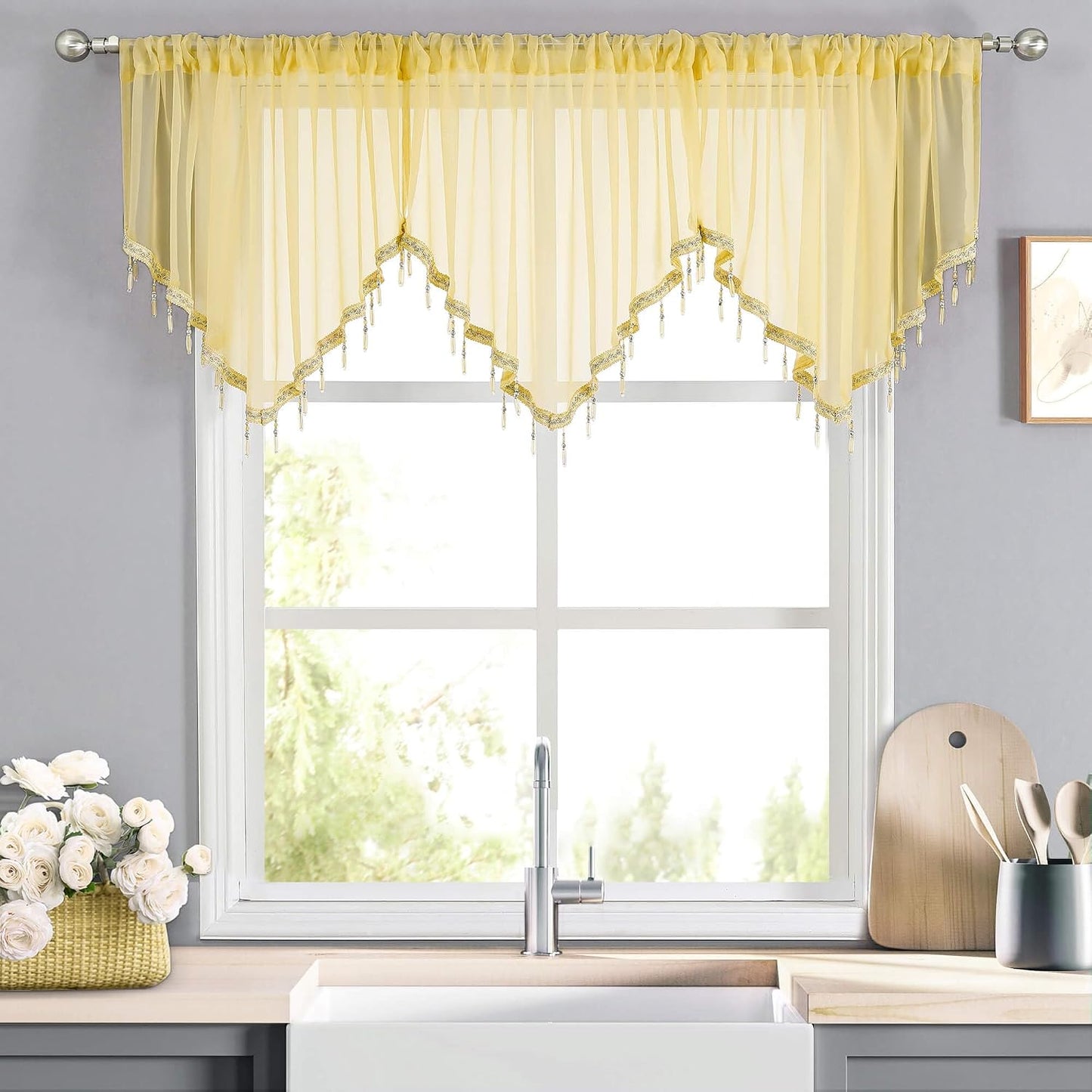 WUBODTI Yellow Sheer Valance Curtains for Living Room Windows, Boho Crystal Beaded Tassel Triangle Kitchen Curtains Lace Swag Curtain Valance for Bedroom Bathroom Door Decor,1PC, W51 x L24