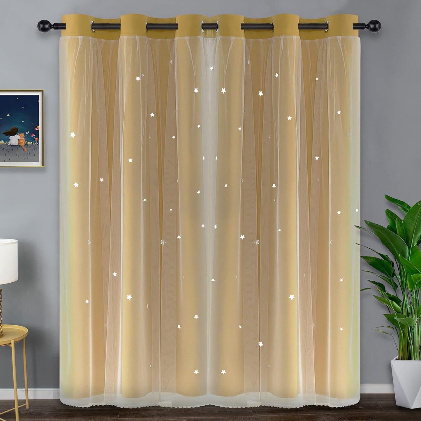 Decorative Star Cut-Out Blackout Curtains 2 Layer Blackout Kids Curtain for Girls Bedroom Noise Reducing Thermal Insulated Drape for Living Room/Classroom 42" W x 72" L Yellow 2 Panels