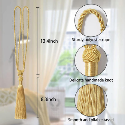 NICEEC 2 Pack Long Tassel Curtain Tiebacks Handmade Braided Rope Knot Drape Tie Backs European Style Decorative Curtain Holdbacks for Home & Office Window Drapery (Yellow)