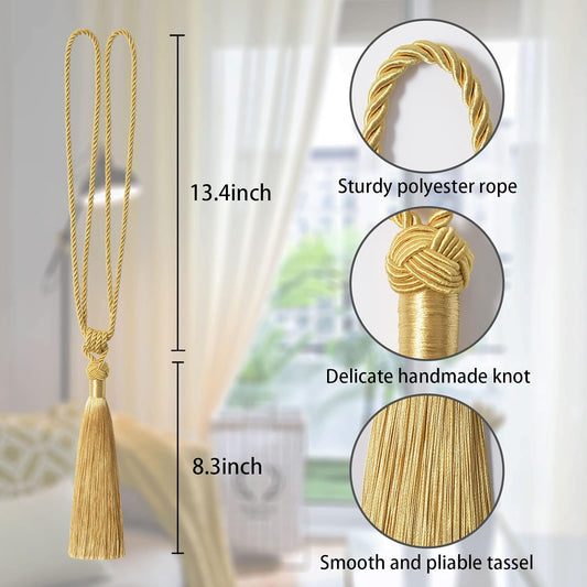 NICEEC 2 Pack Long Tassel Curtain Tiebacks Handmade Braided Rope Knot Drape Tie Backs European Style Decorative Curtain Holdbacks for Home & Office Window Drapery (Yellow)