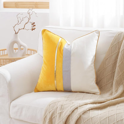 PANOD Patchwork Yellow Silk-Like Velvet Throw Pillow Cover with Gold Striped Leather Cushion Case Modern Luxury Square Pillowcase for Sofa Couch Bedroom Living Room Home,16x16 inch