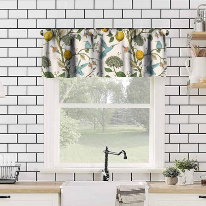Retro Lemon Kitchen Valance, Summer Blue Birds Lemon Tree Nature Botanical Plants Flowers Hummingbird Spring Print Short Blackout Window Curtain for Cafe Restaurant, 54x18inch