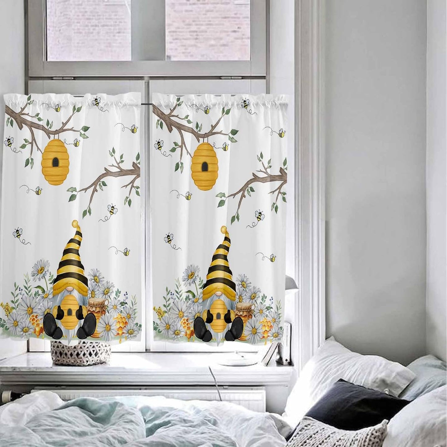 Yellow Gnomes Small Window Curtains 45 Inch Length, Bees Spring Floral Daisy Branches Rod Pocket Window Treatment Kitchen Drapes for Bedroom, Cafe, Living Room, 2 Panels, 27.5 W x 45 L
