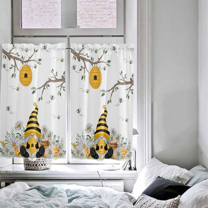Yellow Gnomes Small Window Curtains 45 Inch Length, Bees Spring Floral Daisy Branches Rod Pocket Window Treatment Kitchen Drapes for Bedroom, Cafe, Living Room, 2 Panels, 27.5 W x 45 L